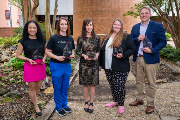 Winners of the 2025 Professional Nursing Awards, from left: Outstanding Community Service – Amelia Hernandez, RN, Neurology Center; Advancement of Nursing Practice – Candice Henderson, RN IV, Neonatal ICU; Betty Casali Transformational Leadership – Deborah Hutts, RN, nursing director for PreOp and PACU; Excellence in Advanced Practice – Brandi Duncan, an APRN at The Orthopaedic and Spine Hospital; Excellence in Nursing Education – Nathan Ernst, RN, from the Emergency Department.