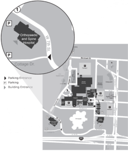 Map depicting where to park and enter for the Radiology Technologist Job fair